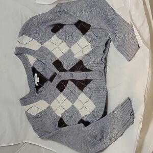 American Eagle Grey Argyle Cropped Cardigan Size XS